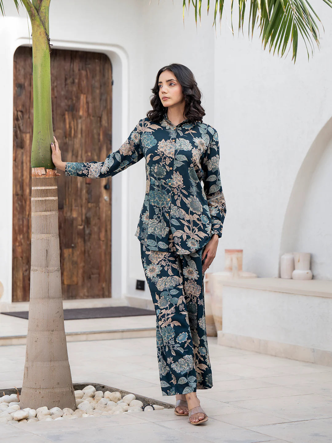 Bottle Green Ethnic Viscose Rayon Floral Print Co-ord Sets