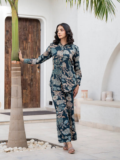 Bottle Green Ethnic Viscose Rayon Floral Print Co-ord Sets
