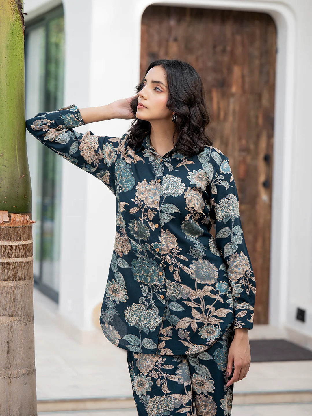 Bottle Green Ethnic Viscose Rayon Floral Print Co-ord Sets