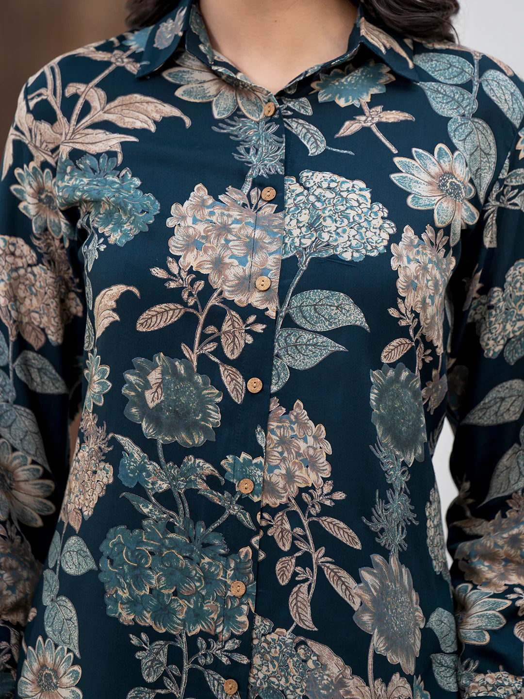 Bottle Green Ethnic Viscose Rayon Floral Print Co-ord Sets