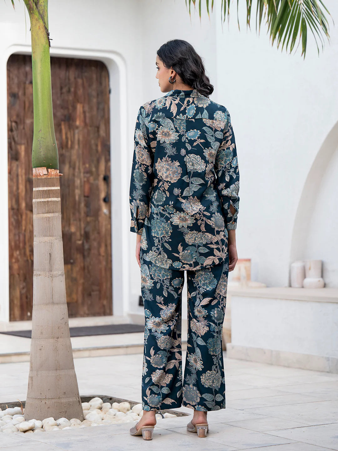 Bottle Green Ethnic Viscose Rayon Floral Print Co-ord Sets
