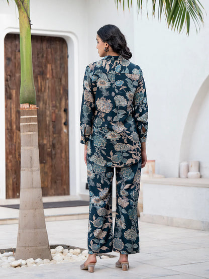 Bottle Green Ethnic Viscose Rayon Floral Print Co-ord Sets