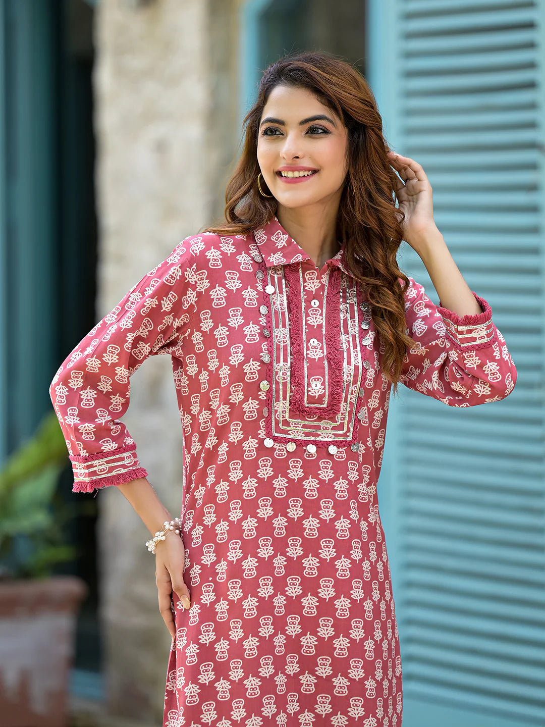 Peach Cotton Straight Knee Long Pathani Style Co-ord Sets
