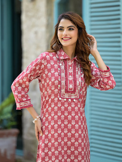 Peach Cotton Straight Knee Long Pathani Style Co-ord Sets