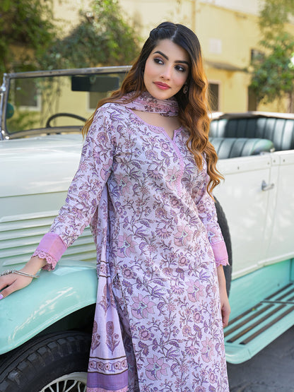 Light Purple Floral Printed kurta Pant with Dupatta