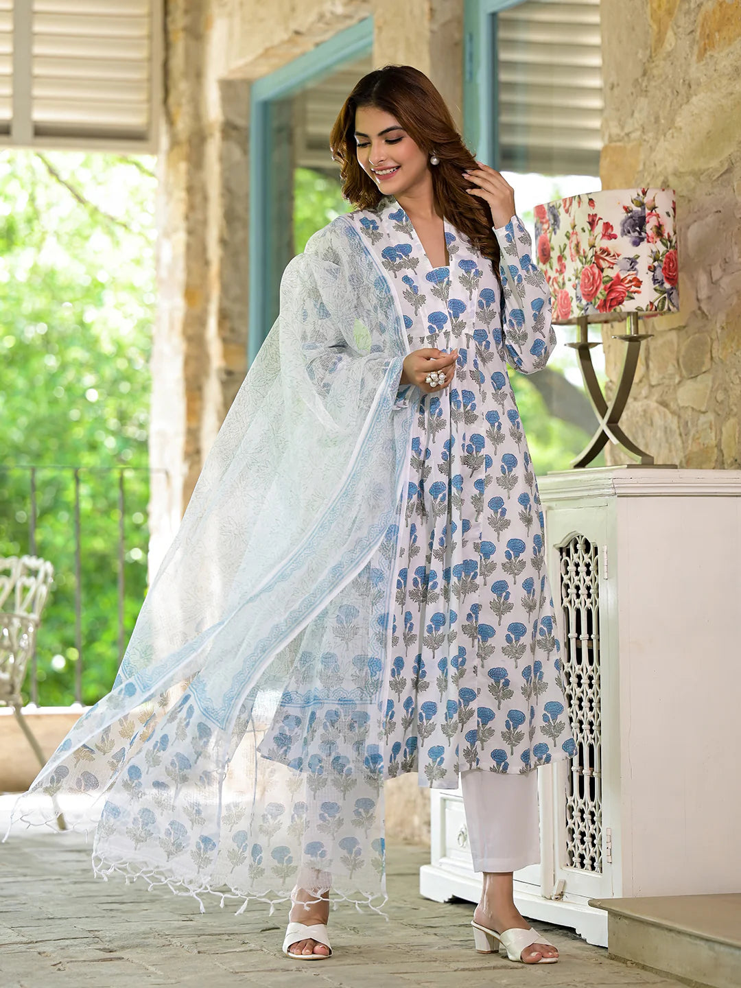 Ethnic White & Blue Cotton Floral Print Handblock Anarkali Kuta Sets
