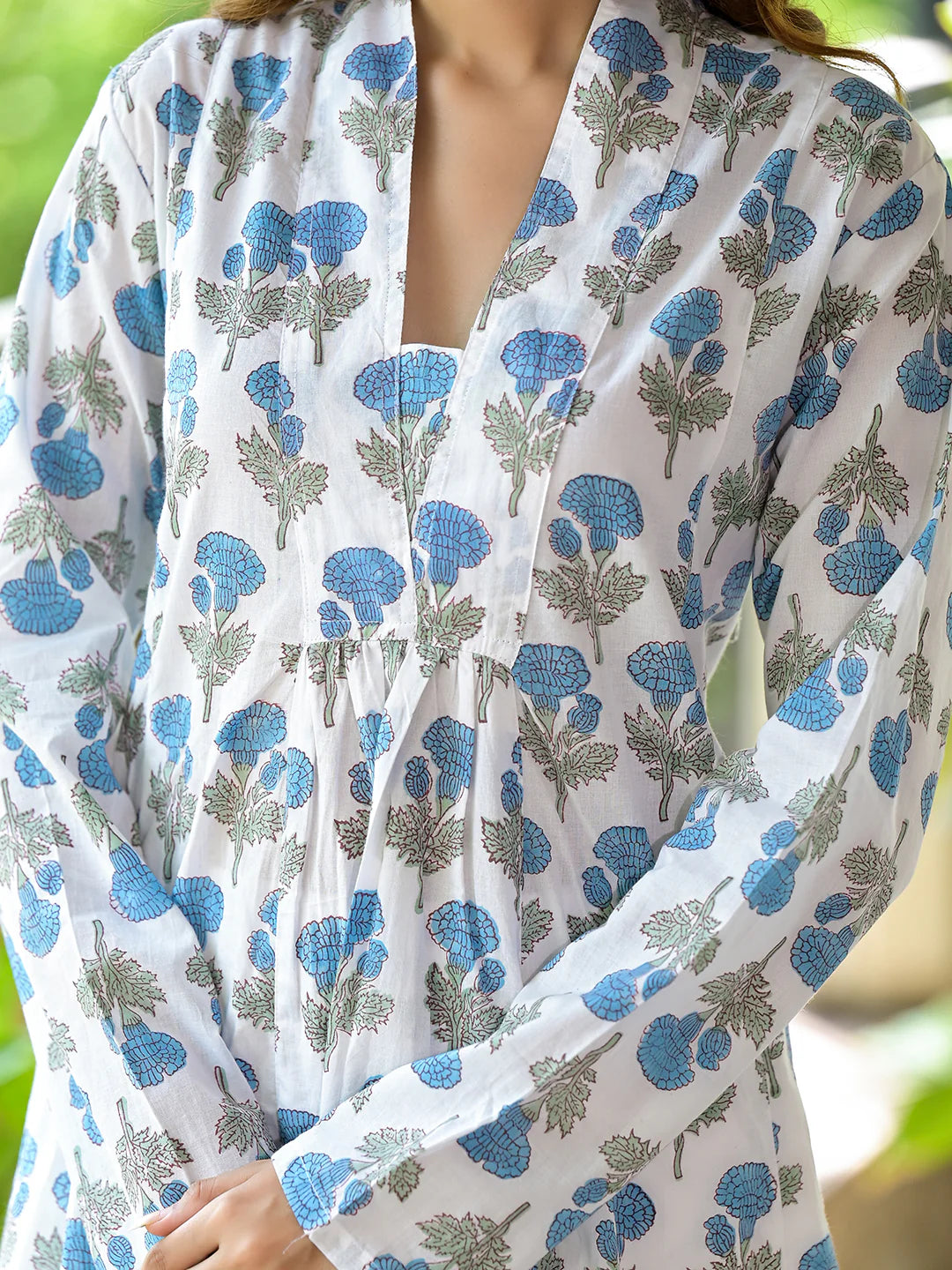 Ethnic White & Blue Cotton Floral Print Handblock Anarkali Kuta Sets