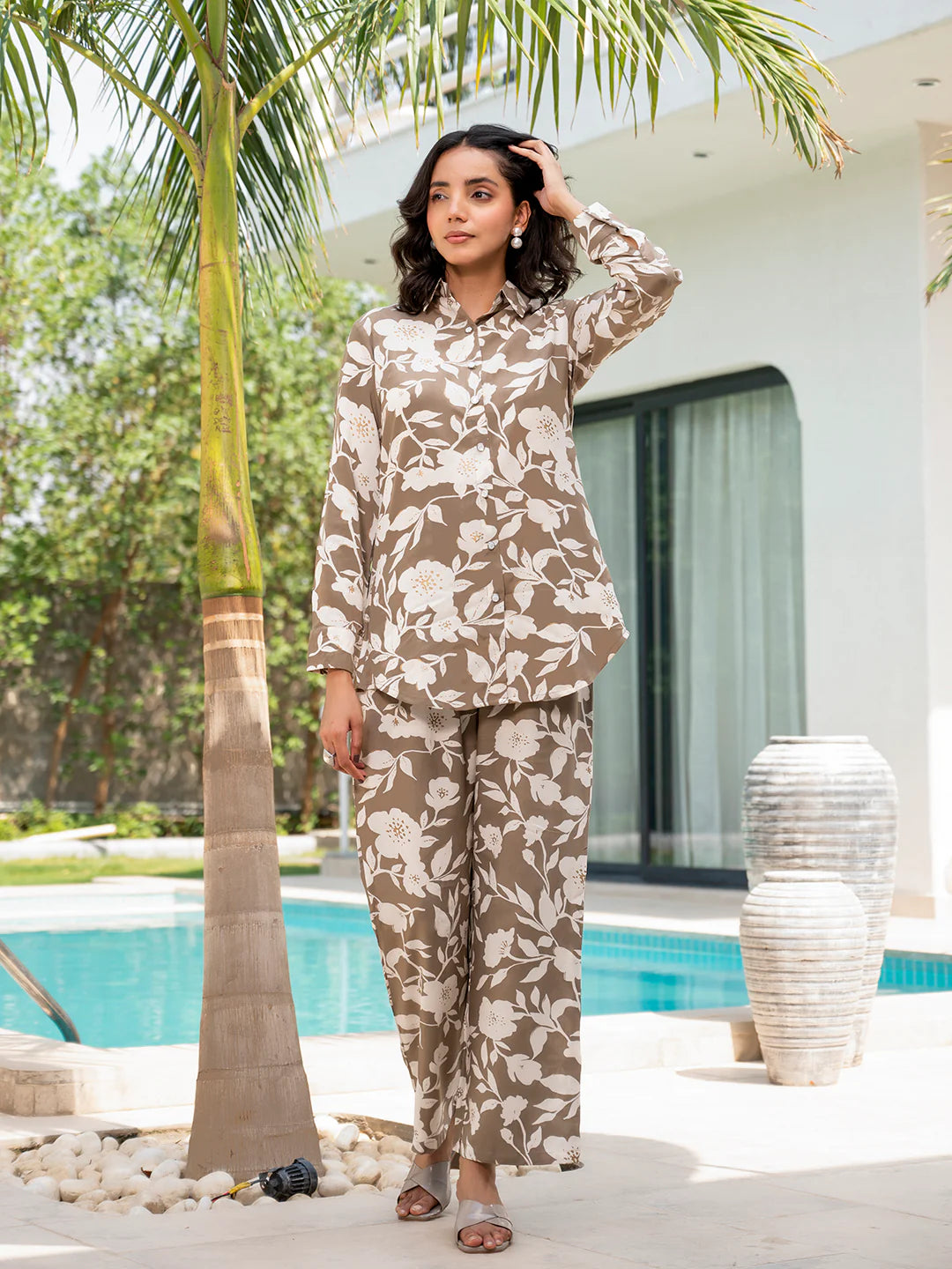 Viscose Rayon Brown & White Floral Ethnic Casual Co-ord Sets