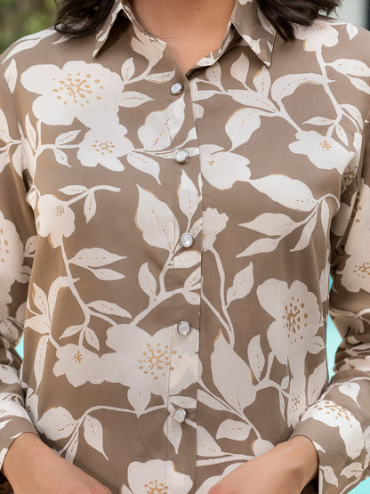 Viscose Rayon Brown & White Floral Ethnic Casual Co-ord Sets