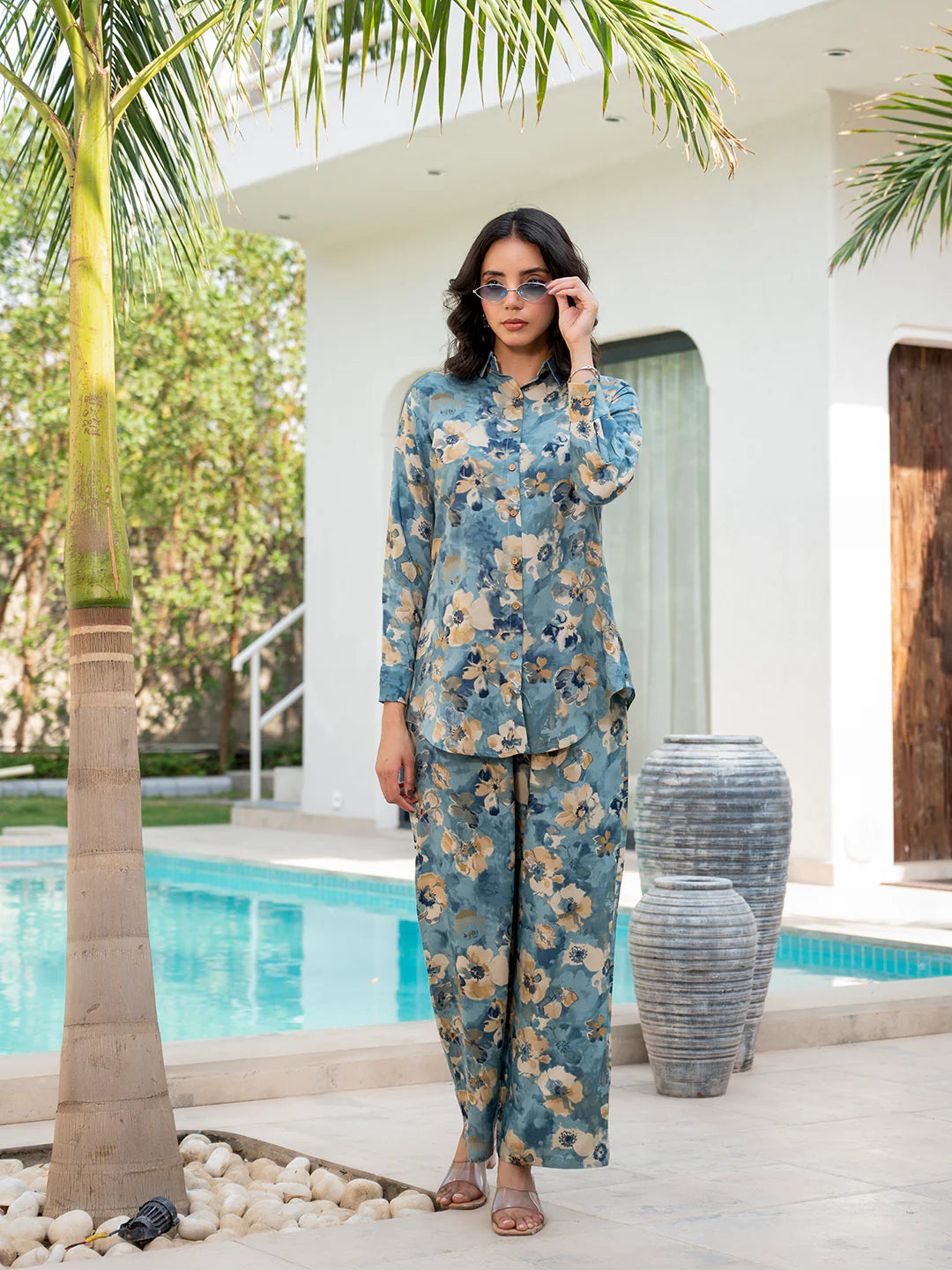 Blue Floral Print Viscose Rayon Casual Ethnic Co-ord Sets