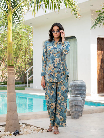 Blue Floral Print Viscose Rayon Casual Ethnic Co-ord Sets