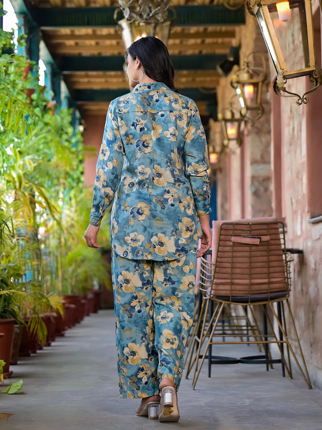 Blue Floral Print Viscose Rayon Casual Ethnic Co-ord Sets