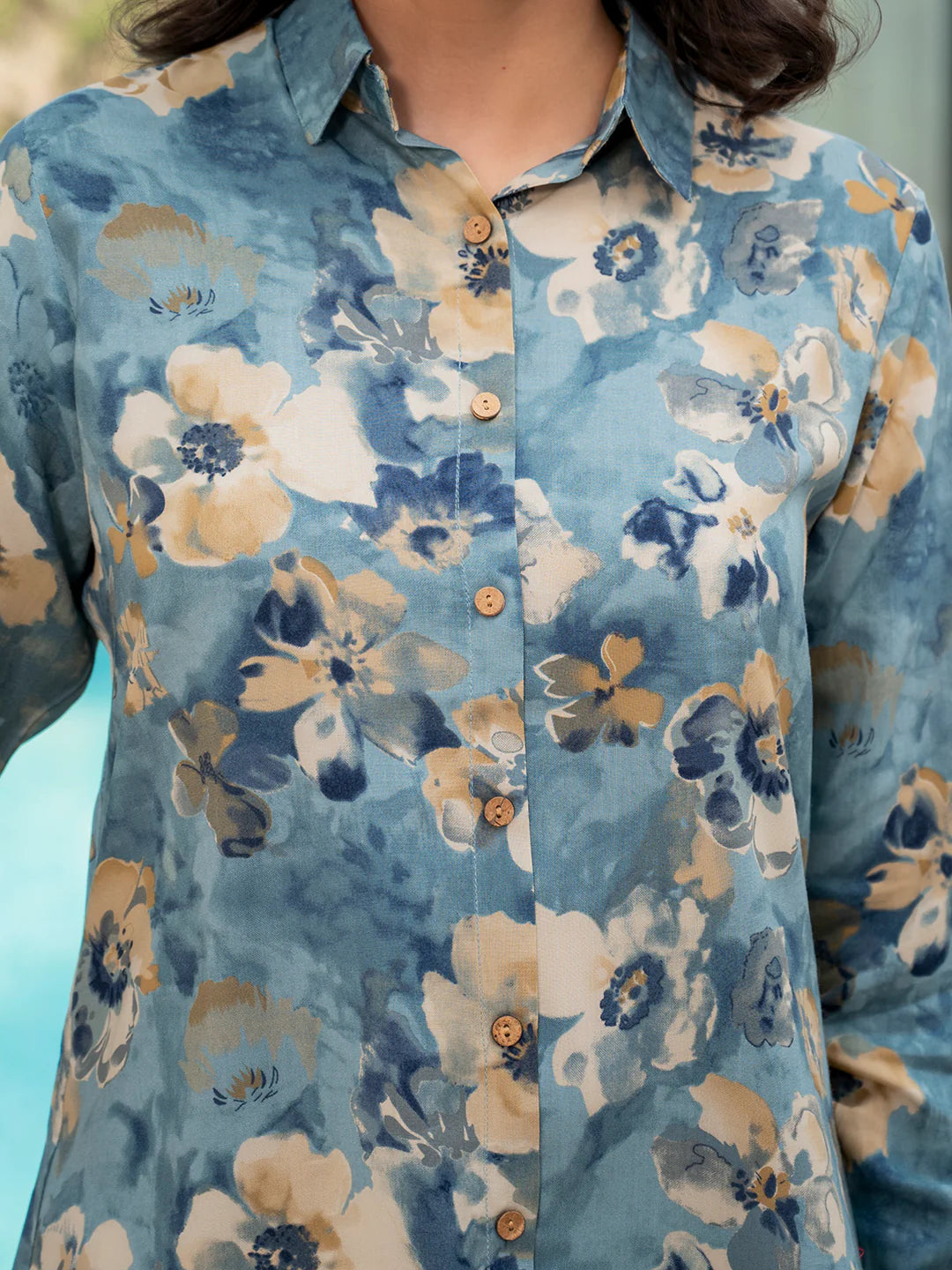 Blue Floral Print Viscose Rayon Casual Ethnic Co-ord Sets
