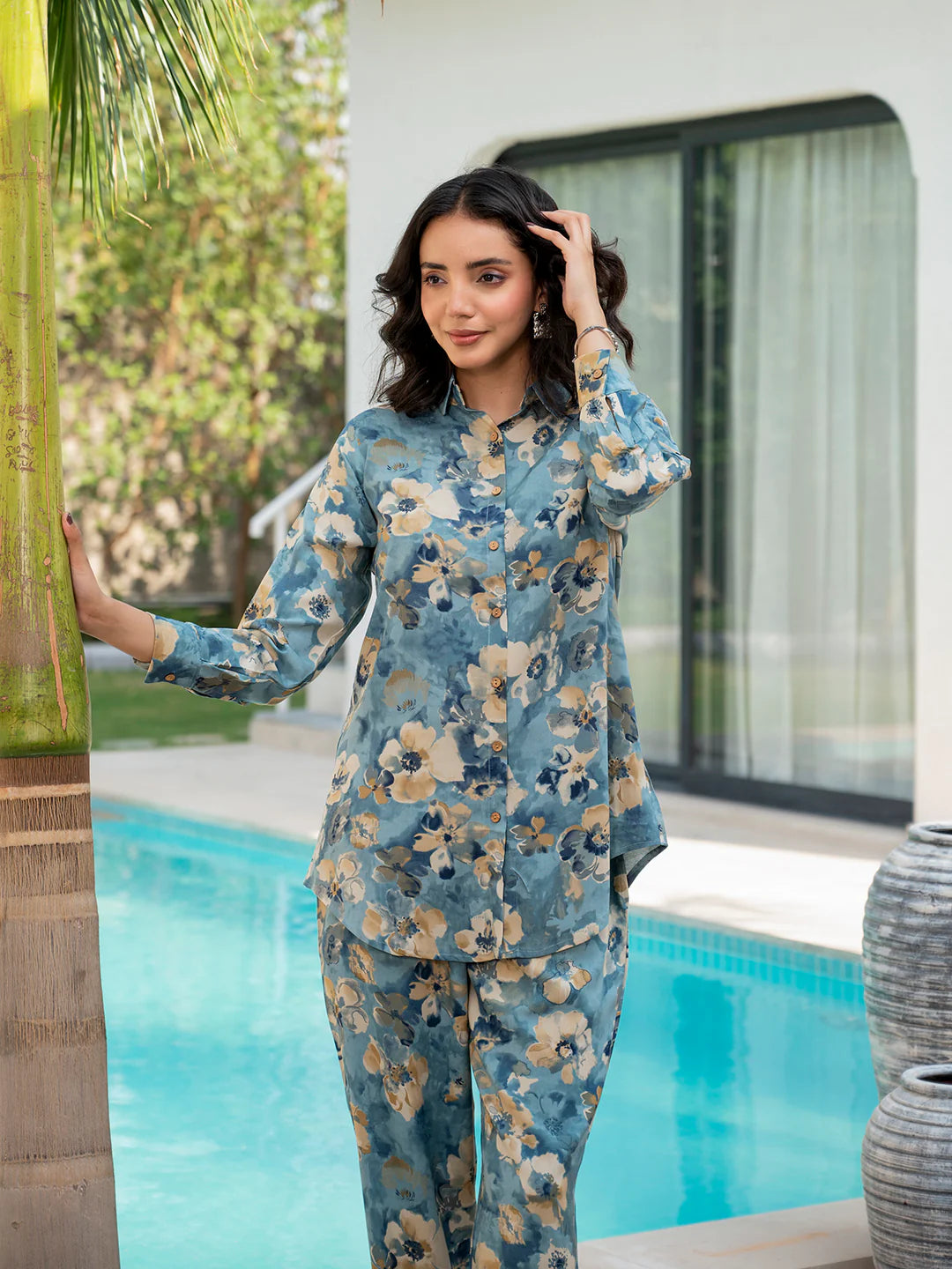 Blue Floral Print Viscose Rayon Casual Ethnic Co-ord Sets