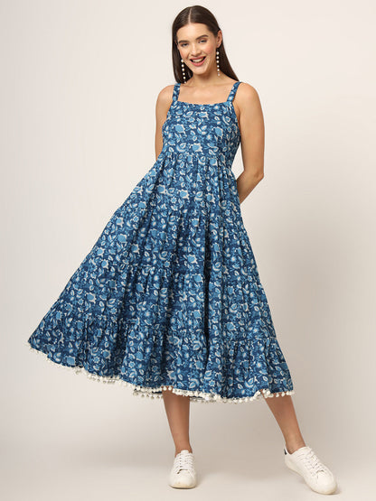 Sky Blue Printed Cotton Fabric Fit & Flare Dress