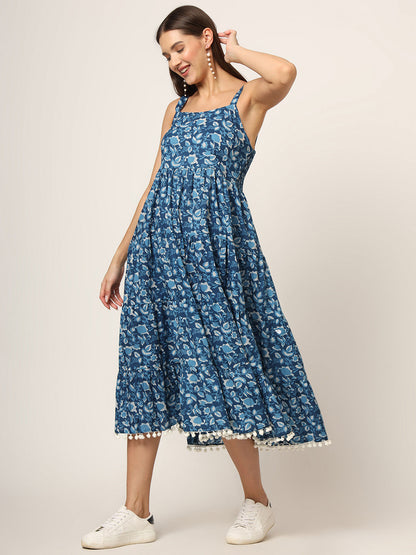Sky Blue Printed Cotton Fabric Fit & Flare Dress