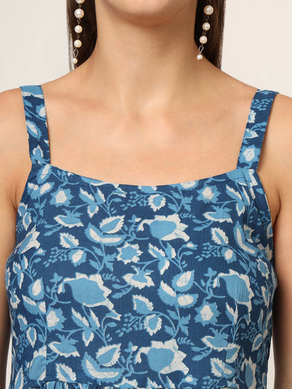 Sky Blue Printed Cotton Fabric Fit & Flare Dress