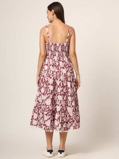 Burgundy Printed Cotton Fabric Fit & Flare Dress