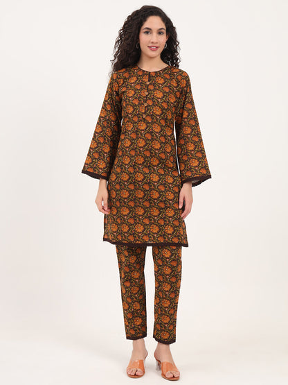 Brown Floral Print Cotton Fabric Straight Kurta with Trouser