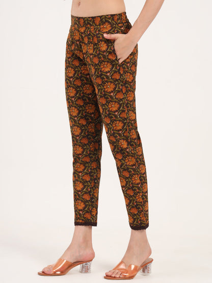 Brown Floral Print Cotton Fabric Straight Kurta with Trouser