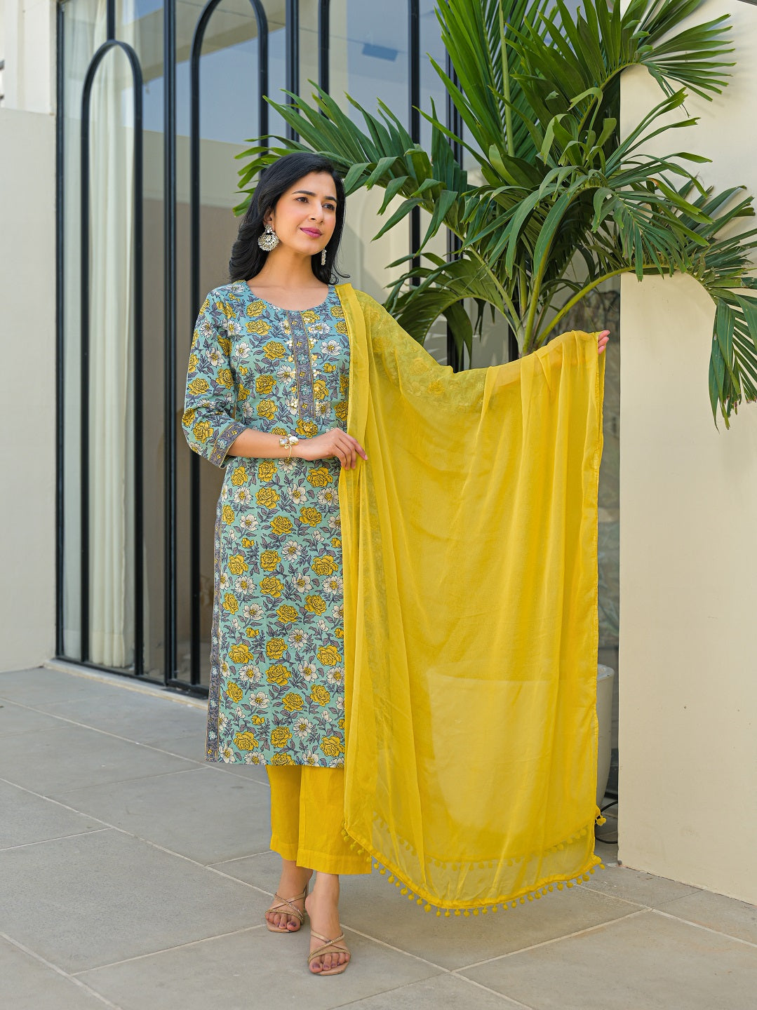 Sky Blue Round Neck Straight Cotton Kurta Pant Set With Dupatta