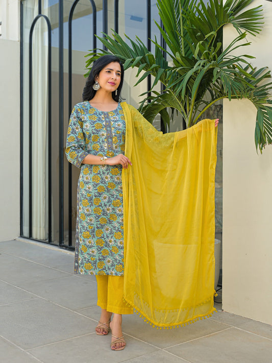Sky Blue Round Neck Straight Cotton Kurta Pant Set With Dupatta