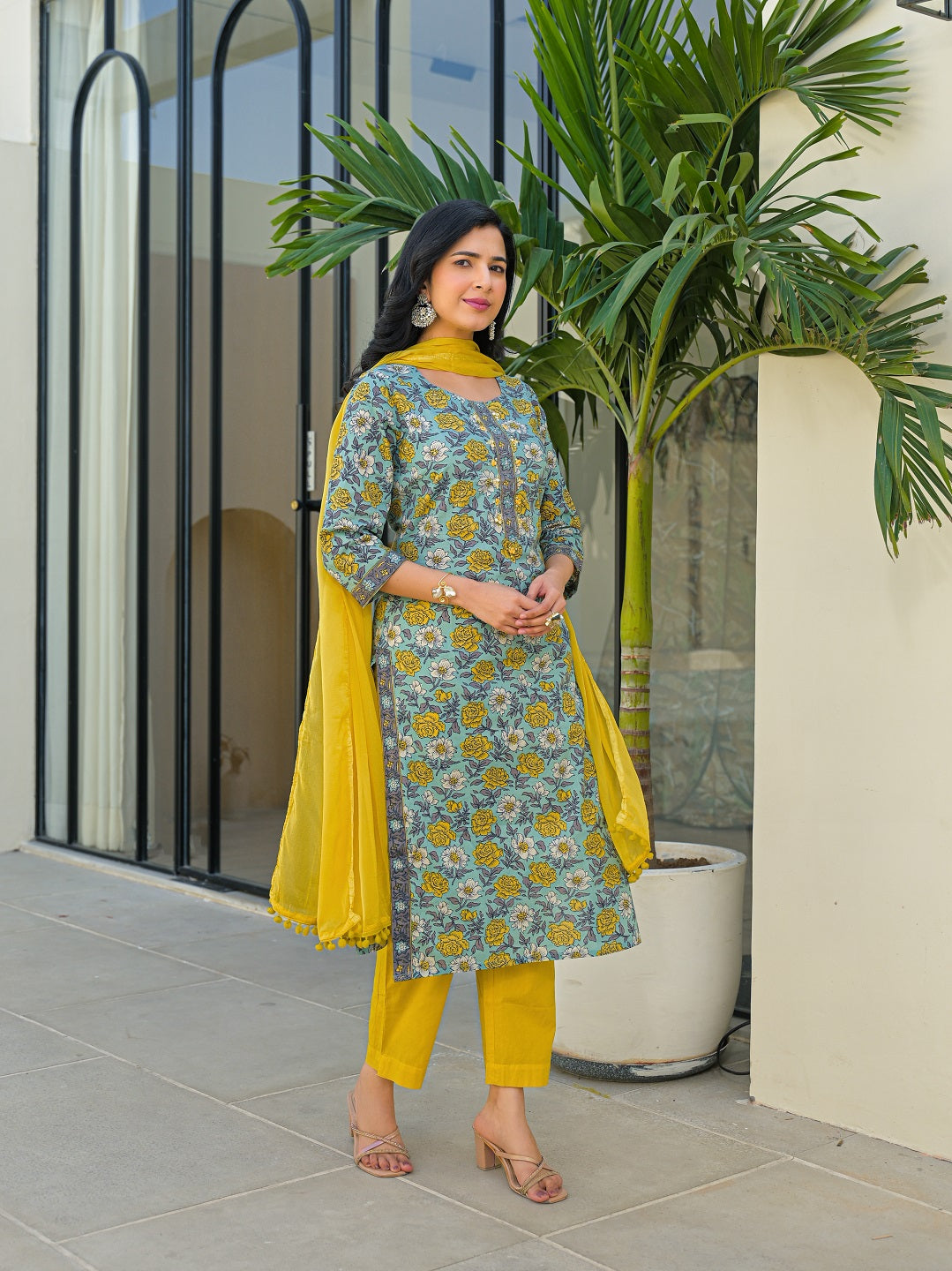 Sky Blue Round Neck Straight Cotton Kurta Pant Set With Dupatta