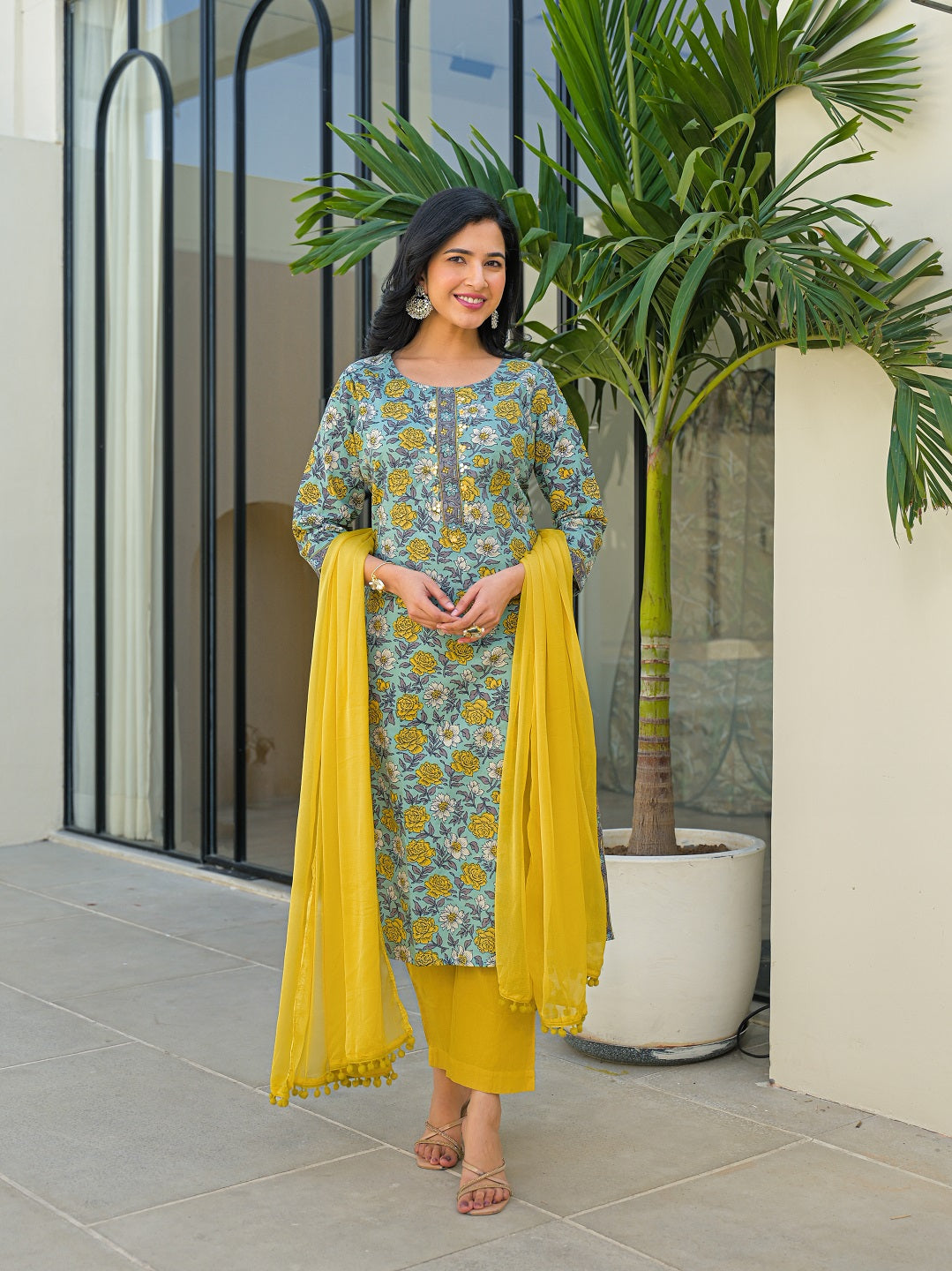 Sky Blue Round Neck Straight Cotton Kurta Pant Set With Dupatta