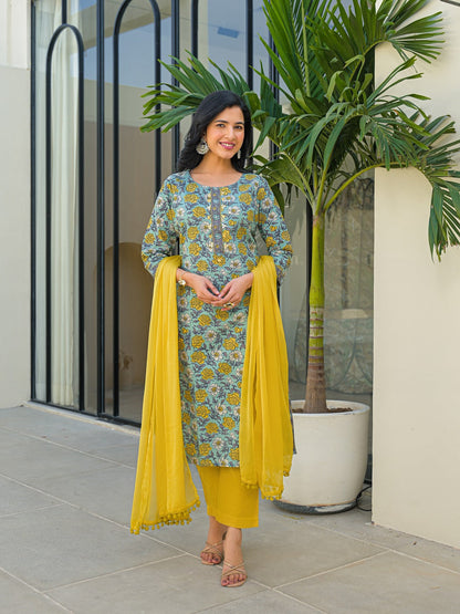 Sky Blue Round Neck Straight Cotton Kurta Pant Set With Dupatta