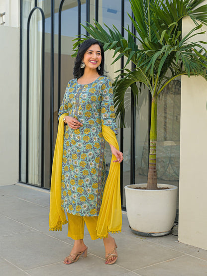 Sky Blue Round Neck Straight Cotton Kurta Pant Set With Dupatta