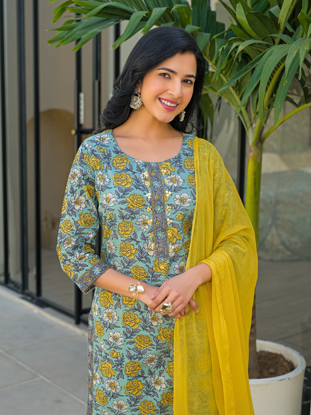 Sky Blue Round Neck Straight Cotton Kurta Pant Set With Dupatta