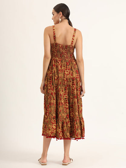 Brown Floral Print Pure Cotton Fit & Flare Dress