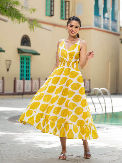 Yellow Printed Pure Cotton Fit & Flare Dress