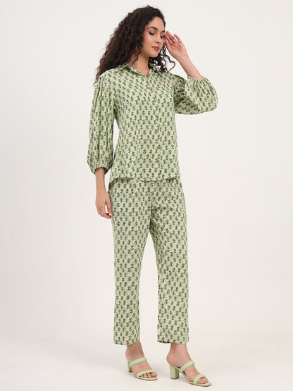 Green Floral Print Rayon Fabric  Shirts Pant With Crop Top three Piece set