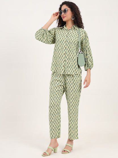 Green Floral Print Rayon Fabric  Shirts Pant With Crop Top three Piece set