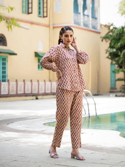 Red Floral Print Pure Cotton Straight Co-ord Set