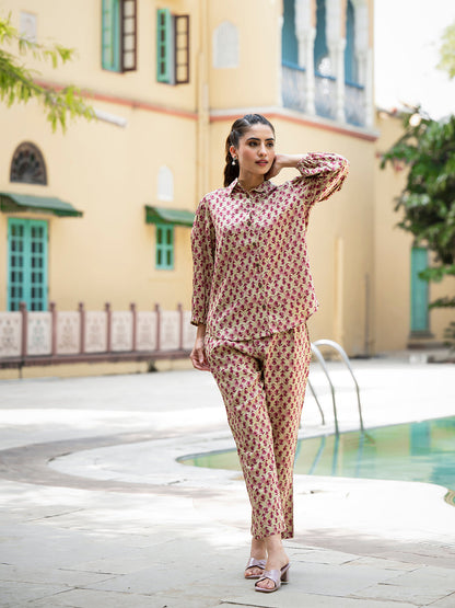 Red Floral Print Pure Cotton Straight Co-ord Set