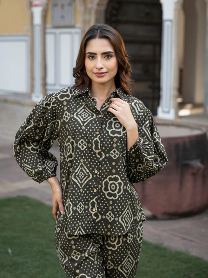 Brown Floral Print Pure Cotton Straight Co-ord Set