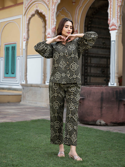 Brown Floral Print Pure Cotton Straight Co-ord Set