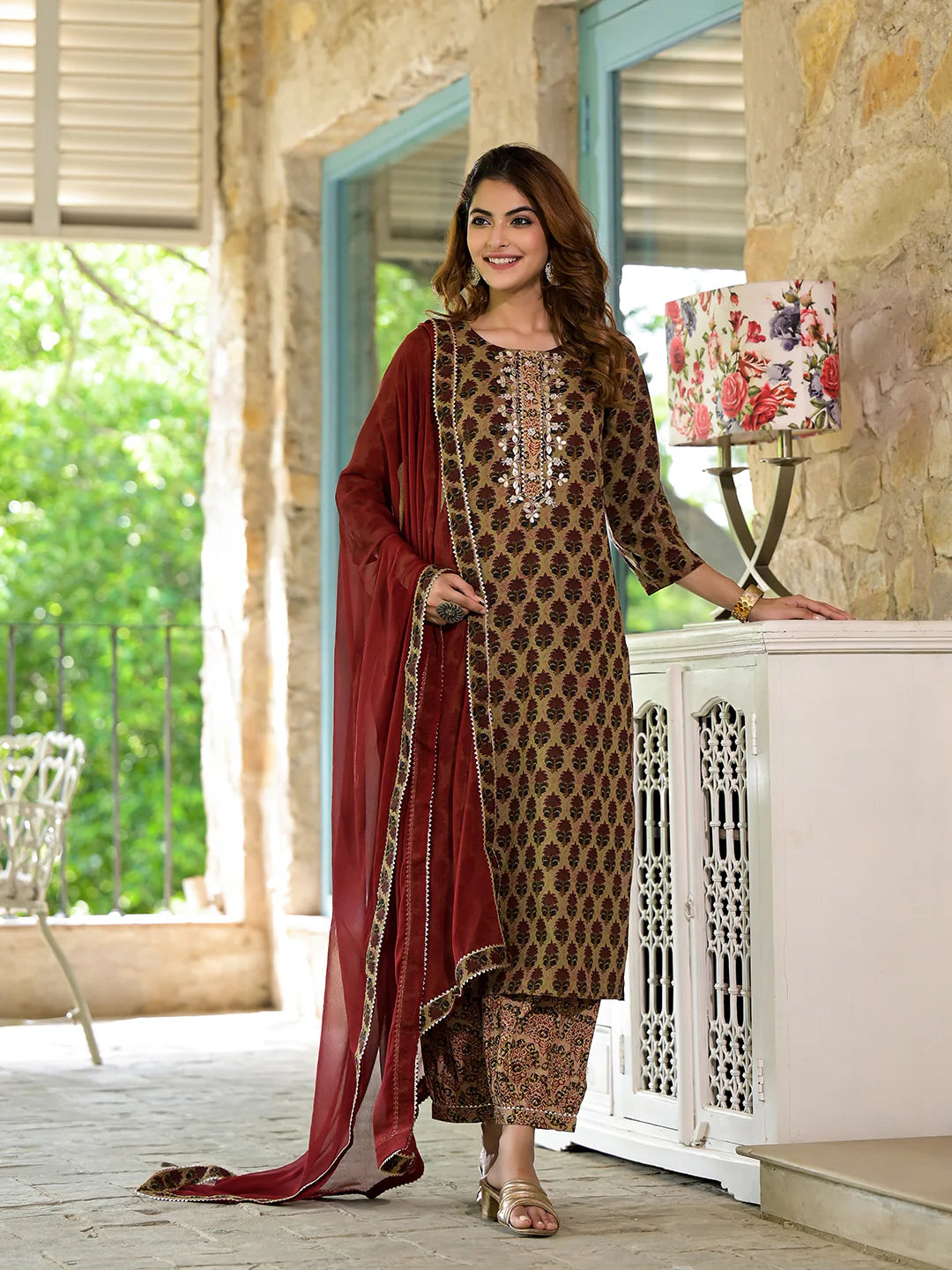 Ethnic Brown Cotton Zardozi Work Knee Length Kurta Sets
