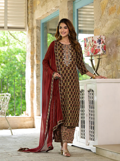 Ethnic Brown Cotton Zardozi Work Knee Length Kurta Sets