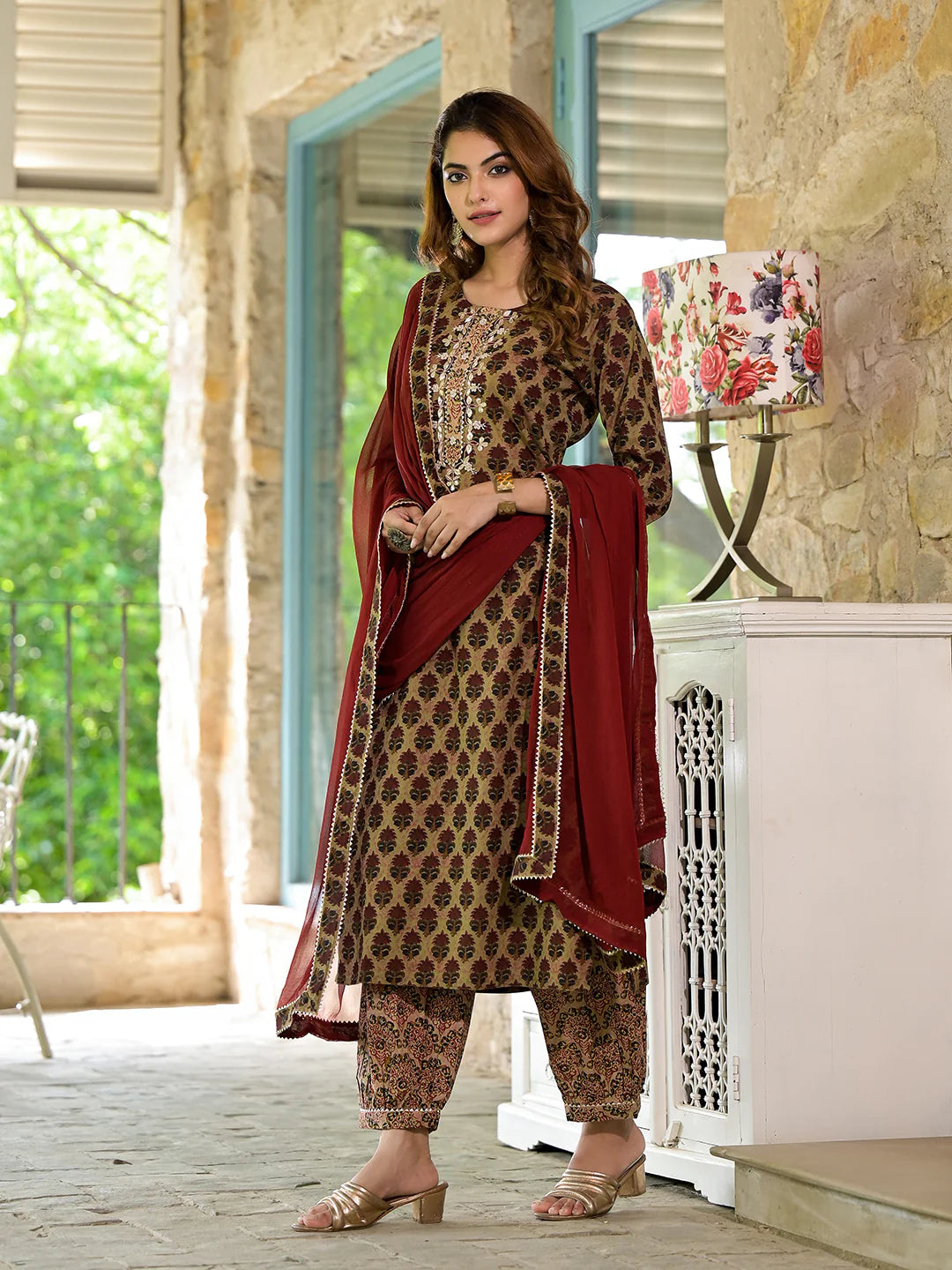 Ethnic Brown Cotton Zardozi Work Knee Length Kurta Sets