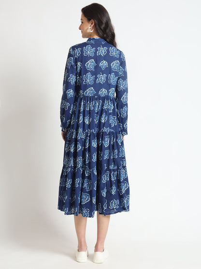 Blue Floral Print Cotton Fabric Flared Dress