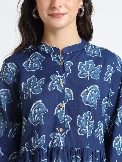 Blue Floral Print Cotton Fabric Flared Dress