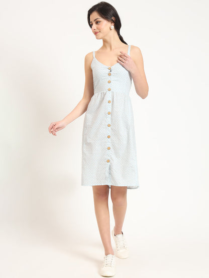 Blue Ethnic Motif Shoulder Strip Dress