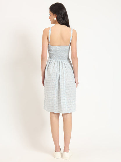 Blue Ethnic Motif Shoulder Strip Dress