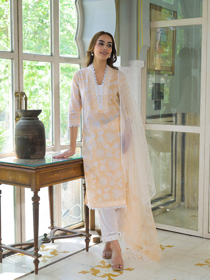 Peach Block Print Cotton Straight Kurta Pant with Dupatta