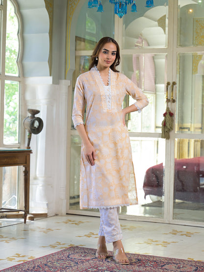 Peach Block Print Cotton Straight Kurta Pant with Dupatta