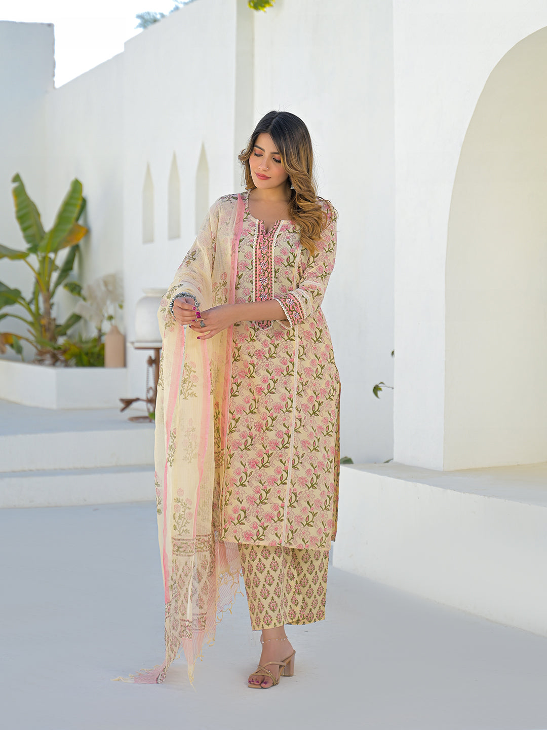 Cream Hand Block Straight Cotton Kurta Pant Set With Dupatta