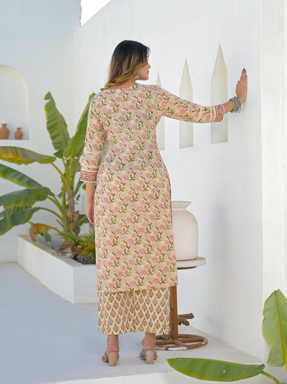 Cream Hand Block Straight Cotton Kurta Pant Set With Dupatta